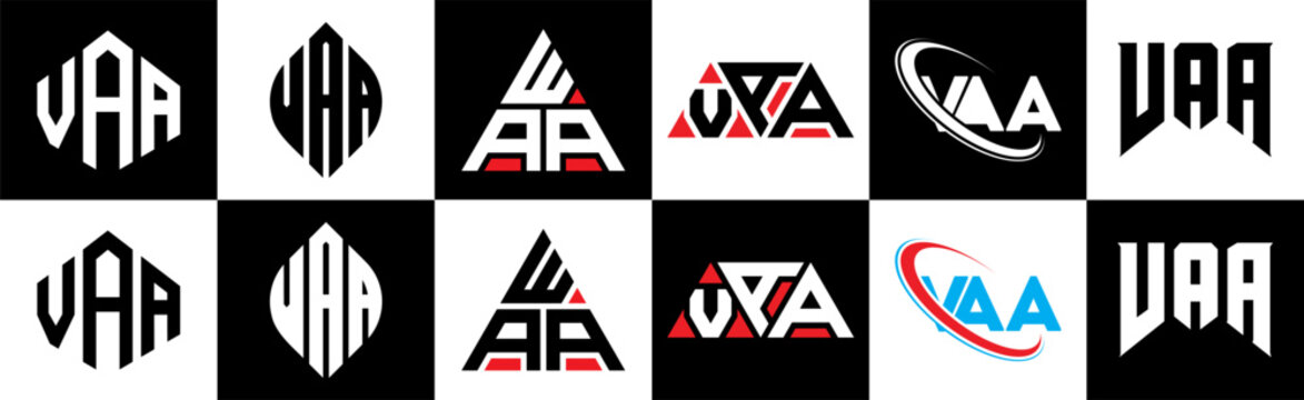 VAA letter logo design in six style. VAA polygon, circle, triangle, hexagon, flat and simple style with black and white color variation letter logo set in one artboard. VAA minimalist and classic logo