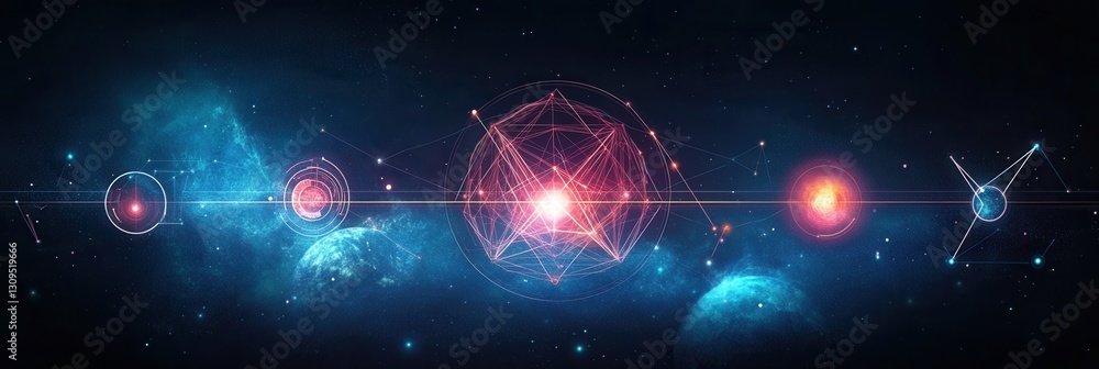 Poster cosmic landscape with interconnected planets and glowing symbols in a deep blue nebula during a star