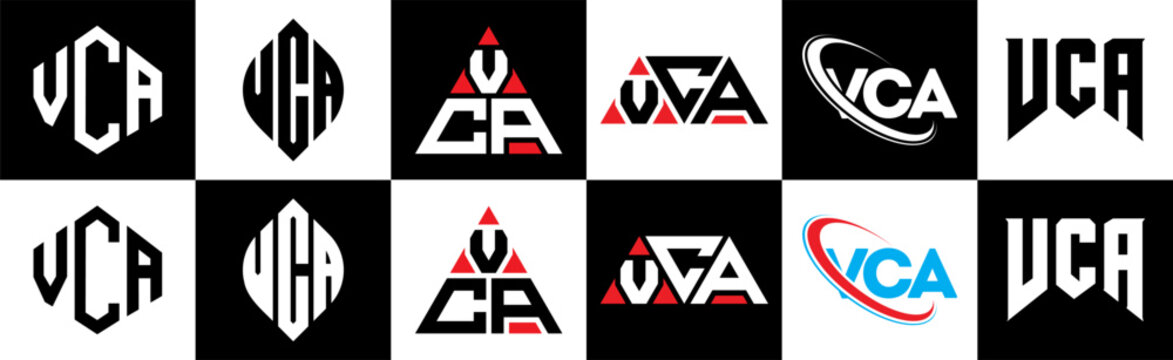 VCA letter logo design in six style. VCA polygon, circle, triangle, hexagon, flat and simple style with black and white color variation letter logo set in one artboard. VCA minimalist and classic logo
