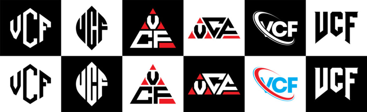 VCF letter logo design in six style. VCF polygon, circle, triangle, hexagon, flat and simple style with black and white color variation letter logo set in one artboard. VCF minimalist and classic logo