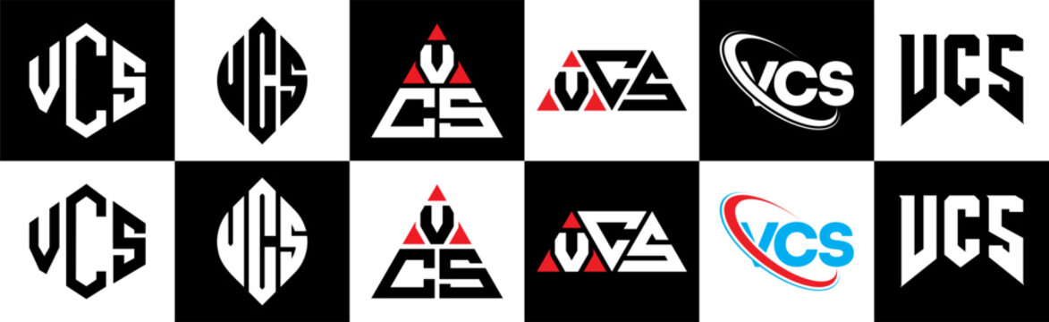 VCS letter logo design in six style. VCS polygon, circle, triangle, hexagon, flat and simple style with black and white color variation letter logo set in one artboard. VCS minimalist and classic logo