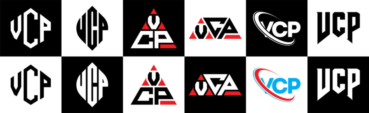 VCP letter logo design in six style. VCP polygon, circle, triangle, hexagon, flat and simple style with black and white color variation letter logo set in one artboard. VCP minimalist and classic logo