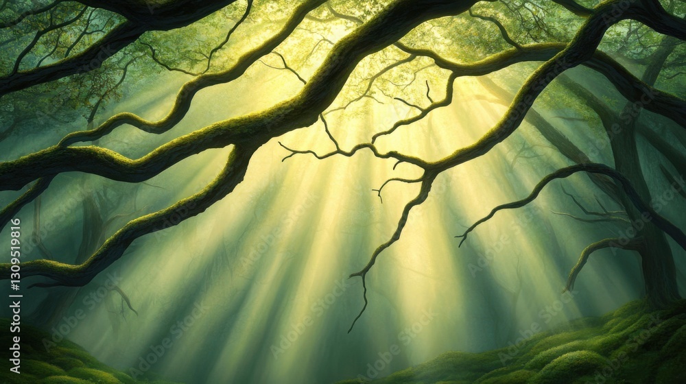 Poster deep in an ancient, moss-covered forest, golden rays of the setting sun break through twisted branch