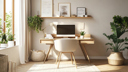 Stylish home office with plants, modern desk, and natural light for productivity.