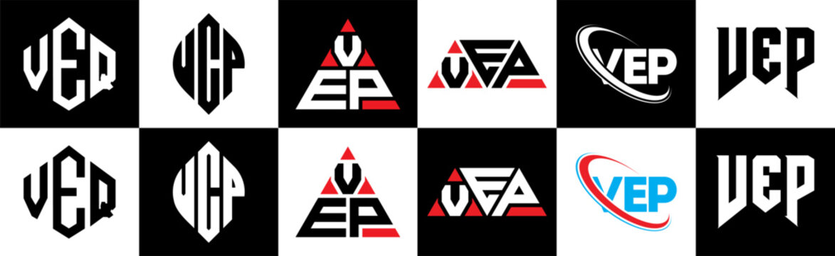 VEQ letter logo design in six style. VEQ polygon, circle, triangle, hexagon, flat and simple style with black and white color variation letter logo set in one artboard. VEQ minimalist and classic logo