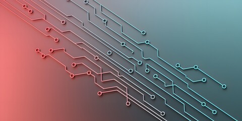 Obraz premium Abstract circuit board design with colorful lines on a gradient background, symbolizing technology, innovation, and digital connectivity.