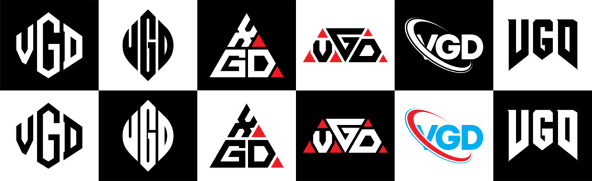 VGD letter logo design in six style. VGD polygon, circle, triangle, hexagon, flat and simple style with black and white color variation letter logo set in one artboard. VGD minimalist and classic logo