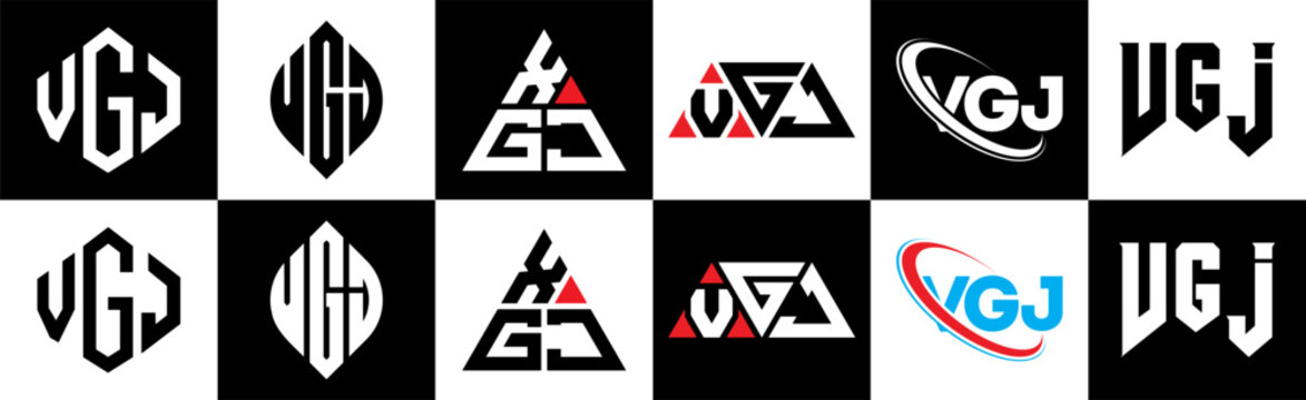 VGJ letter logo design in six style. VGJ polygon, circle, triangle, hexagon, flat and simple style with black and white color variation letter logo set in one artboard. VGJ minimalist and classic logo