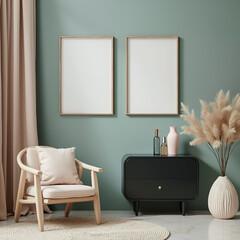 two blank frames and a cozy armchair in a modern room setting