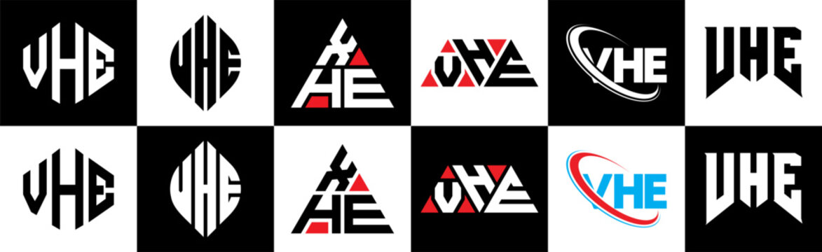 VHE letter logo design in six style. VHE polygon, circle, triangle, hexagon, flat and simple style with black and white color variation letter logo set in one artboard. VHE minimalist and classic logo