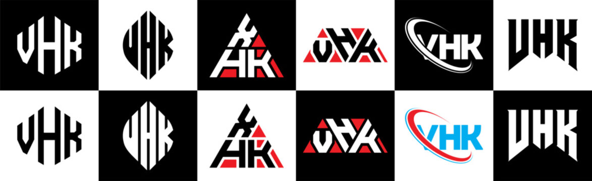 VHK letter logo design in six style. VHK polygon, circle, triangle, hexagon, flat and simple style with black and white color variation letter logo set in one artboard. VHK minimalist and classic logo