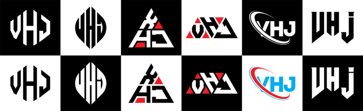 VHJ letter logo design in six style. VHJ polygon, circle, triangle, hexagon, flat and simple style with black and white color variation letter logo set in one artboard. VHJ minimalist and classic logo