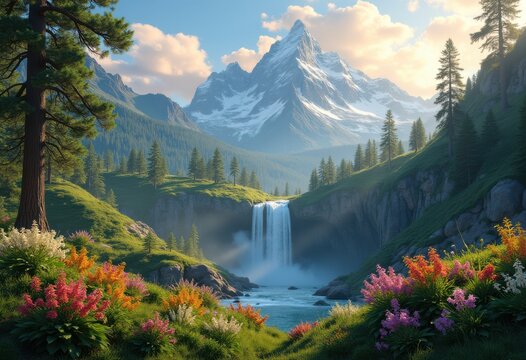 vibrant nature centric landscapes capturing dynamic ecosystems lush flowing breathtaking mountain majesties, flora, fauna, forest, river, lake, clouds