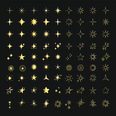Golden star decorative icon collection on black background vector illustration