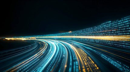 Fototapeta premium Abstract Digital Data Flowing with Blue and Orange Lights on Black Background