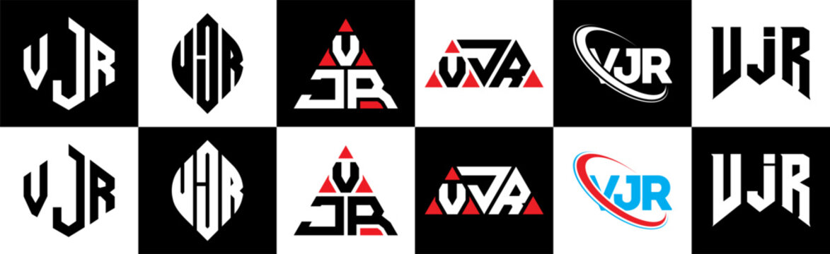 VJR letter logo design in six style. VJR polygon, circle, triangle, hexagon, flat and simple style with black and white color variation letter logo set in one artboard. VJR minimalist and classic logo