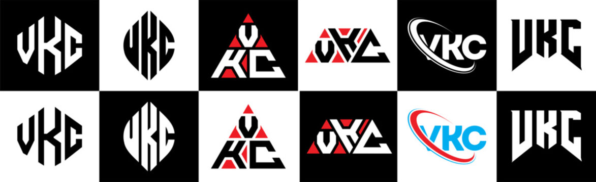 VKC letter logo design in six style. VKC polygon, circle, triangle, hexagon, flat and simple style with black and white color variation letter logo set in one artboard. VKC minimalist and classic logo