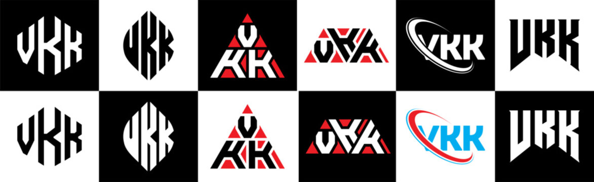 VKK letter logo design in six style. VKK polygon, circle, triangle, hexagon, flat and simple style with black and white color variation letter logo set in one artboard. VKK minimalist and classic logo