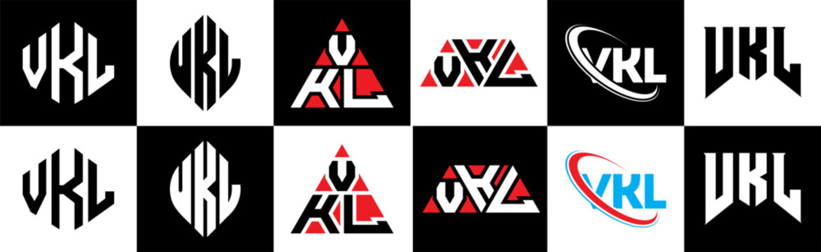 VKL letter logo design in six style. VKL polygon, circle, triangle, hexagon, flat and simple style with black and white color variation letter logo set in one artboard. VKL minimalist and classic logo