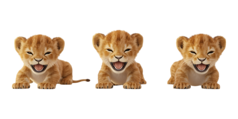 Set of Realistic 3D Cute Baby Lions in Different Styles PNG Against Transparent Background for Wildlife Branding, Animal Illustrations, or Kids Designs