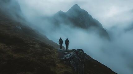 Two hikers navigate a rugged mountain path, their silhouettes softened by the swirling fog