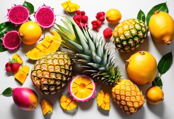 vibrant fruits floating gracefully clear background highlighting lush colors natural curves, apple, orange, banana, grape, kiwi, melon, berry