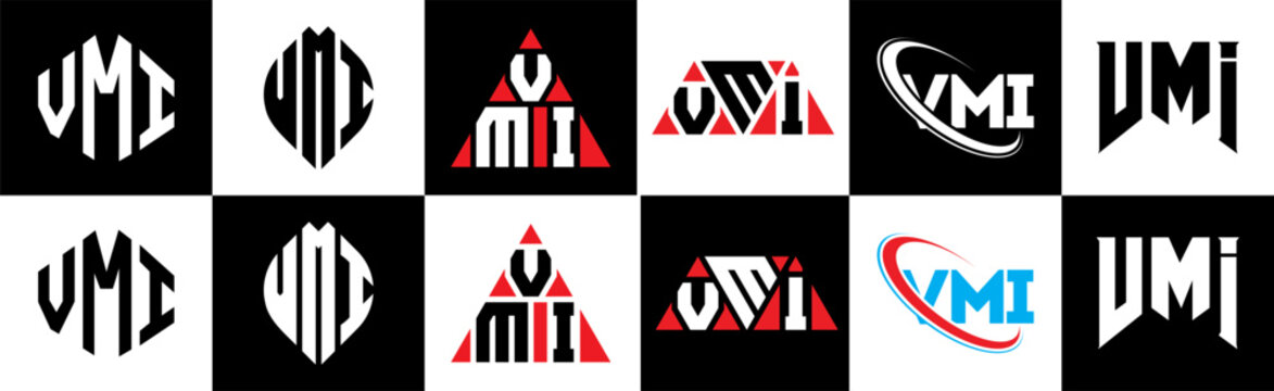 VMI letter logo design in six style. VMI polygon, circle, triangle, hexagon, flat and simple style with black and white color variation letter logo set in one artboard. VMI minimalist and classic logo