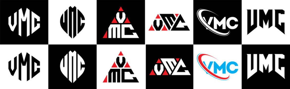 VMC letter logo design in six style. VMC polygon, circle, triangle, hexagon, flat and simple style with black and white color variation letter logo set in one artboard. VMC minimalist and classic logo