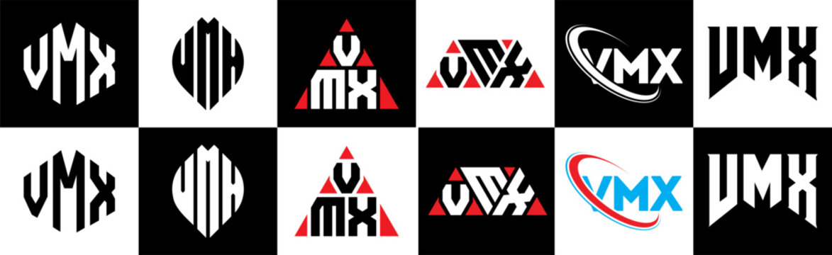 VMX letter logo design in six style. VMX polygon, circle, triangle, hexagon, flat and simple style with black and white color variation letter logo set in one artboard. VMX minimalist and classic logo