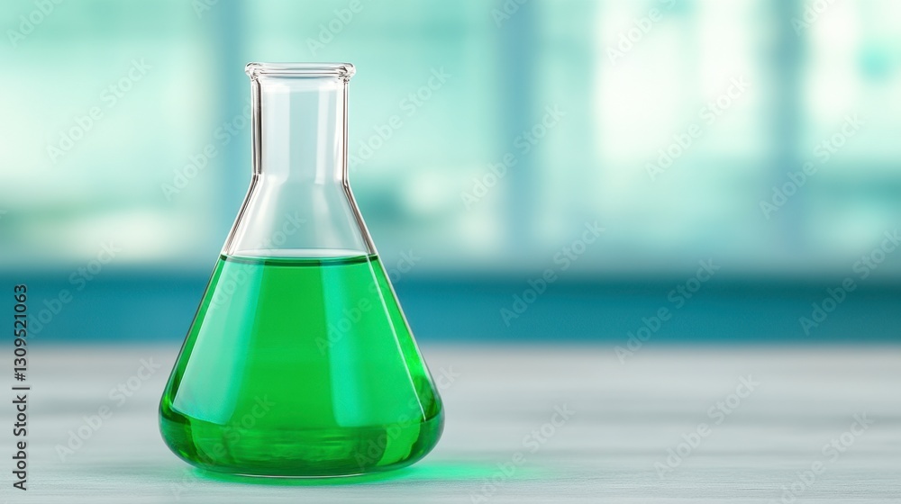 Poster green liquid in an erlenmeyer flask sits on a lab table against a blurred teal background. the light