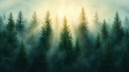 Fototapeta premium Warm golden rays pierce through the thick branches of towering spruce trees, illuminating the swirling morning mist