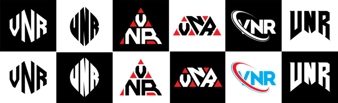 VNR letter logo design in six style. VNR polygon, circle, triangle, hexagon, flat and simple style with black and white color variation letter logo set in one artboard. VNR minimalist and classic logo