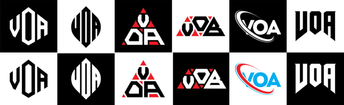 VOA letter logo design in six style. VOA polygon, circle, triangle, hexagon, flat and simple style with black and white color variation letter logo set in one artboard. VOA minimalist and classic logo