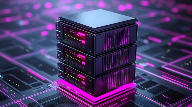 Three Dark Servers on Pink Circuit Board, Futuristic Data Center