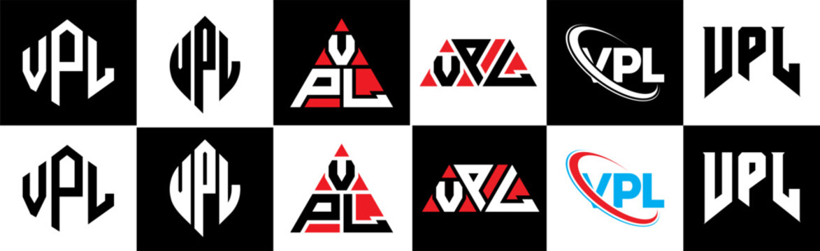 VPL letter logo design in six style. VPL polygon, circle, triangle, hexagon, flat and simple style with black and white color variation letter logo set in one artboard. VPL minimalist and classic logo