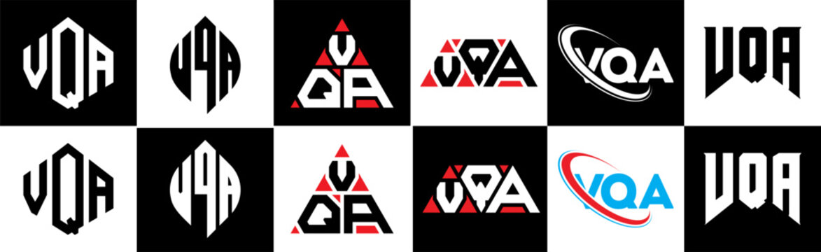 VQA letter logo design in six style. VQA polygon, circle, triangle, hexagon, flat and simple style with black and white color variation letter logo set in one artboard. VQA minimalist and classic logo