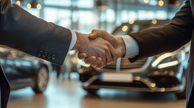 Handshake marks successful car purchase at dealership showcasing luxury vehicles