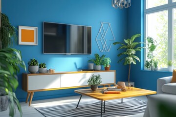 Modern living room interior design with blue walls, plants, and a TV.