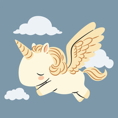 Flat vector illustration in a simple children's style. Cute unicorn pegasus flying in the sky with clouds on blue background. Vector illustration