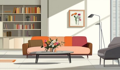Modern living room interior design with bookshelves, sofa, coffee table, and flowers. Sunlight streams into the room, highlighting the warm colors.