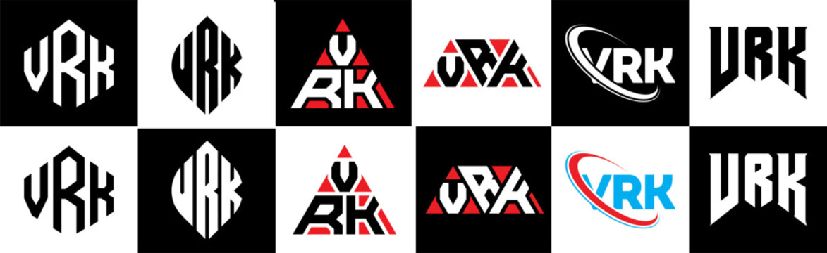 VRK letter logo design in six style. VRK polygon, circle, triangle, hexagon, flat and simple style with black and white color variation letter logo set in one artboard. VRK minimalist and classic logo