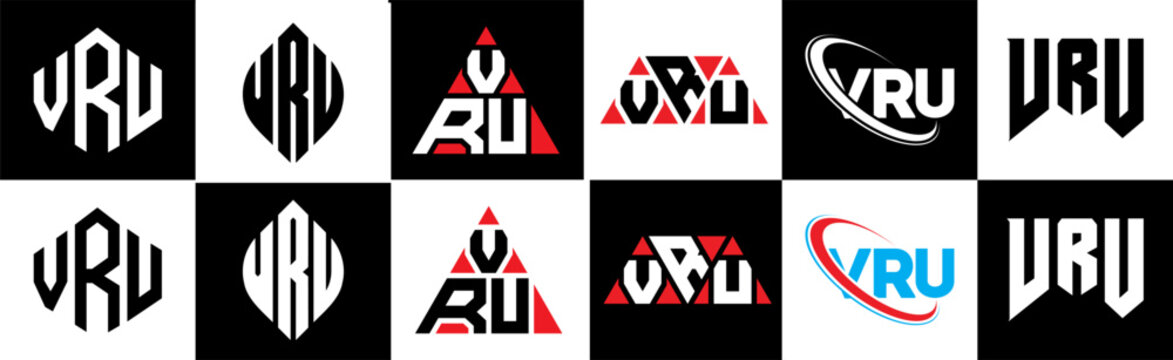 VRU letter logo design in six style. VRU polygon, circle, triangle, hexagon, flat and simple style with black and white color variation letter logo set in one artboard. VRU minimalist and classic logo