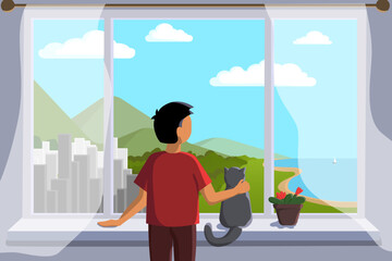 Boy and a cat looking outside of window, the sea and the landscape.