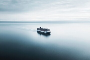 solitary cruise liner gracefully glides across tranquil vast ocean under cloudless sky leaving gentle wake behind