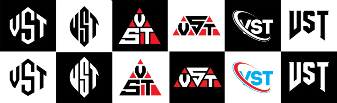 VST letter logo design in six style. VST polygon, circle, triangle, hexagon, flat and simple style with black and white color variation letter logo set in one artboard. VST minimalist and classic logo