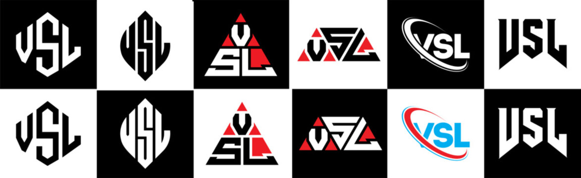 VSL letter logo design in six style. VSL polygon, circle, triangle, hexagon, flat and simple style with black and white color variation letter logo set in one artboard. VSL minimalist and classic logo