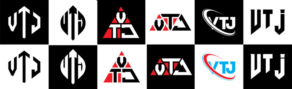 VTJ letter logo design in six style. VTJ polygon, circle, triangle, hexagon, flat and simple style with black and white color variation letter logo set in one artboard. VTJ minimalist and classic logo