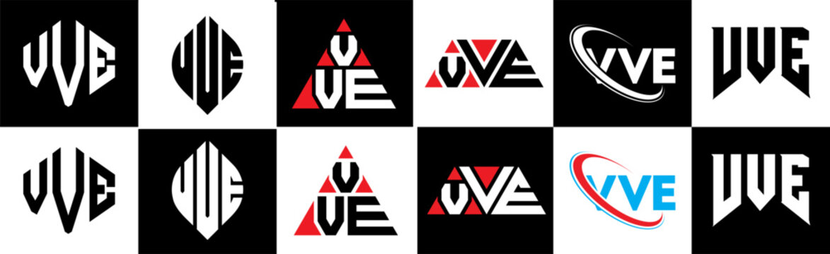 VVE letter logo design in six style. VVE polygon, circle, triangle, hexagon, flat and simple style with black and white color variation letter logo set in one artboard. VVE minimalist and classic logo
