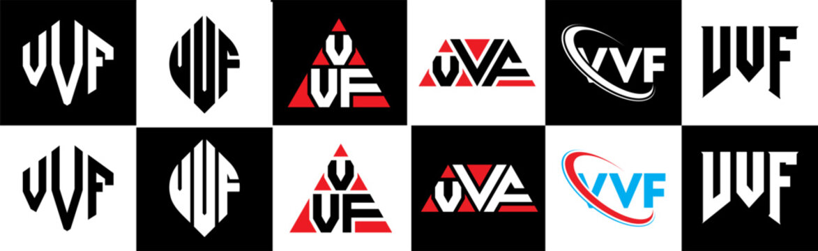 VVF letter logo design in six style. VVF polygon, circle, triangle, hexagon, flat and simple style with black and white color variation letter logo set in one artboard. VVF minimalist and classic logo