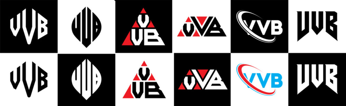 VVB letter logo design in six style. VVB polygon, circle, triangle, hexagon, flat and simple style with black and white color variation letter logo set in one artboard. VVB minimalist and classic logo